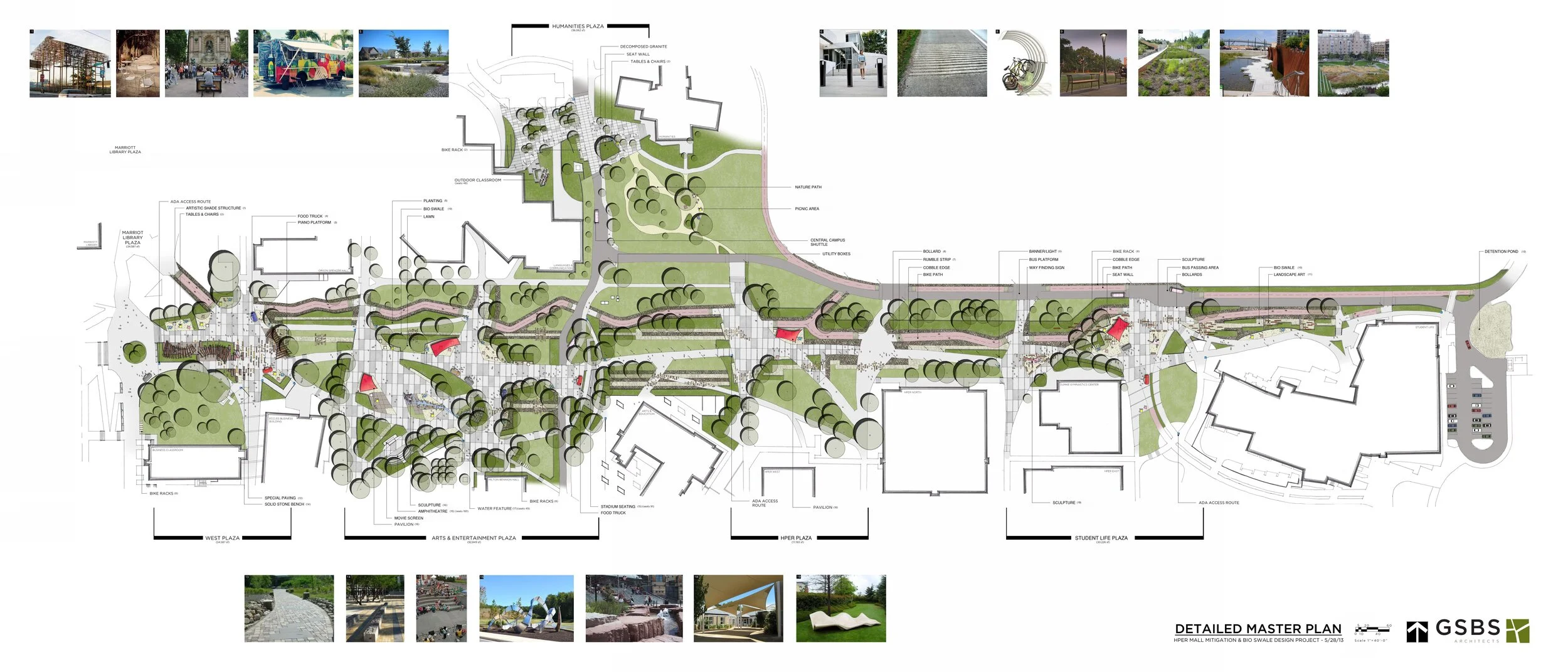  Graphic description of HPER Mall Master plan with precedent images, detailed design of 5 Plazas, and indication of new building projects under construction or recently completed building projects and their integration onto the Mall. 